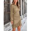 CUPSHE Women Knit Ruched Fall Dress Smocked Ruffle Hem Crew Neck Long Sleeve Bodycon Sexy Casual Holiday Mini Dress(Khaki)