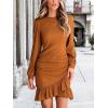 CUPSHE Women Knit Ruched Fall Dress Smocked Ruffle Hem Crew Neck Long Sleeve Bodycon Sexy Casual Holiday Mini Dress(Orange)
