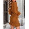CUPSHE Women Knit Ruched Fall Dress Smocked Ruffle Hem Crew Neck Long Sleeve Bodycon Sexy Casual Holiday Mini Dress(Orange)