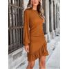 CUPSHE Women Knit Ruched Fall Dress Smocked Ruffle Hem Crew Neck Long Sleeve Bodycon Sexy Casual Holiday Mini Dress(Orange)