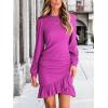 CUPSHE Women Knit Ruched Fall Dress Smocked Ruffle Hem Crew Neck Long Sleeve Bodycon Sexy Casual Holiday Mini Dress(Rose Pink)