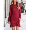 CUPSHE Women Knit Ruched Fall Dress Smocked Ruffle Hem Crew Neck Long Sleeve Bodycon Sexy Casual Holiday Mini Dress(Wine Red)