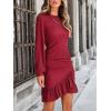 CUPSHE Women Knit Ruched Fall Dress Smocked Ruffle Hem Crew Neck Long Sleeve Bodycon Sexy Casual Holiday Mini Dress(Wine Red)