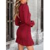 CUPSHE Women Knit Ruched Fall Dress Smocked Ruffle Hem Crew Neck Long Sleeve Bodycon Sexy Casual Holiday Mini Dress(Wine Red)