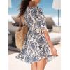 CUPSHE Women Tassel Trim Summer Dress V Neck Lace Short Sleeve Paisley Boho Casual Sundress Holiday Beach Mini Dress(Blue)
