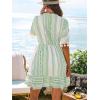 CUPSHE Women Tassel Trim Summer Dress V Neck Lace Short Sleeve Paisley Boho Casual Sundress Holiday Beach Mini Dress(Light Green Geometric)