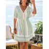 CUPSHE Women Tassel Trim Summer Dress V Neck Lace Short Sleeve Paisley Boho Casual Sundress Holiday Beach Mini Dress(Light Green Geometric)