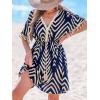 CUPSHE Women Tassel Trim Summer Dress V Neck Lace Short Sleeve Paisley Boho Casual Sundress Holiday Beach Mini Dress(Navy Blue Chevron)