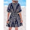 CUPSHE Women Tassel Trim Summer Dress V Neck Lace Short Sleeve Paisley Boho Casual Sundress Holiday Beach Mini Dress(Navy Blue Chevron)