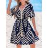 CUPSHE Women Tassel Trim Summer Dress V Neck Lace Short Sleeve Paisley Boho Casual Sundress Holiday Beach Mini Dress(Navy Blue Chevron)