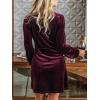 CUPSHE Women Velvet Cocktail Party Dresses Twist Knot V Neck Long Sleeve A Line Holiday Mini Dress(Wine Red)