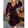 CUPSHE Women Velvet Cocktail Party Dresses Twist Knot V Neck Long Sleeve A Line Holiday Mini Dress(Wine Red)