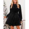 CUPSHE Women’s Fall Dresses 2025 High Neck Long Sleeve Mini Party Ruffled Casual Tunic Velvet Wedding Guest Dress(Black)