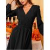 CUPSHE Women’s Long Sleeve Mini Dress V Neck Elegant Cocktail Party Dress Fall Flowy Wedding Guest Dress(Black)