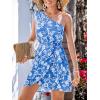 CUPSHE Women’s One Shoulder Leaf Print Self-tie Short Dress Sleeveless Tiered Hem Formal Dress Casual Mini Dress(Blue)