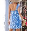 CUPSHE Women’s One Shoulder Leaf Print Self-tie Short Dress Sleeveless Tiered Hem Formal Dress Casual Mini Dress(Blue)
