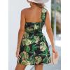 CUPSHE Women’s One Shoulder Leaf Print Self-tie Short Dress Sleeveless Tiered Hem Formal Dress Casual Mini Dress(Dark Green)