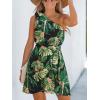 CUPSHE Women’s One Shoulder Leaf Print Self-tie Short Dress Sleeveless Tiered Hem Formal Dress Casual Mini Dress(Dark Green)