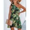 CUPSHE Women’s One Shoulder Leaf Print Self-tie Short Dress Sleeveless Tiered Hem Formal Dress Casual Mini Dress(Dark Green)