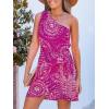 CUPSHE Women’s One Shoulder Leaf Print Self-tie Short Dress Sleeveless Tiered Hem Formal Dress Casual Mini Dress(Fuchsia Paisley)