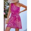 CUPSHE Women’s One Shoulder Leaf Print Self-tie Short Dress Sleeveless Tiered Hem Formal Dress Casual Mini Dress(Fuchsia Paisley)