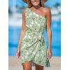 CUPSHE Women’s One Shoulder Leaf Print Self-tie Short Dress Sleeveless Tiered Hem Formal Dress Casual Mini Dress(Green Paisley)