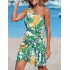 CUPSHE Women’s One Shoulder Leaf Print Self-tie Short Dress Sleeveless Tiered Hem Formal Dress Casual Mini Dress(Green Tropical)