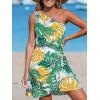 CUPSHE Women’s One Shoulder Leaf Print Self-tie Short Dress Sleeveless Tiered Hem Formal Dress Casual Mini Dress(Green Tropical)