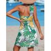 CUPSHE Women’s One Shoulder Leaf Print Self-tie Short Dress Sleeveless Tiered Hem Formal Dress Casual Mini Dress(Green Tropical)