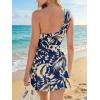 CUPSHE Women’s One Shoulder Leaf Print Self-tie Short Dress Sleeveless Tiered Hem Formal Dress Casual Mini Dress(Navy Floral)
