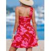 CUPSHE Women’s One Shoulder Leaf Print Self-tie Short Dress Sleeveless Tiered Hem Formal Dress Casual Mini Dress(Red Floral)