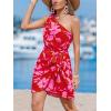 CUPSHE Women’s One Shoulder Leaf Print Self-tie Short Dress Sleeveless Tiered Hem Formal Dress Casual Mini Dress(Red Floral)