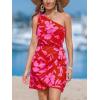 CUPSHE Women’s One Shoulder Leaf Print Self-tie Short Dress Sleeveless Tiered Hem Formal Dress Casual Mini Dress(Red Floral)