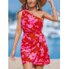 CUPSHE Women’s One Shoulder Leaf Print Self-tie Short Dress Sleeveless Tiered Hem Formal Dress Casual Mini Dress(Red Floral)