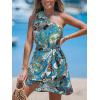 CUPSHE Women’s One Shoulder Leaf Print Self-tie Short Dress Sleeveless Tiered Hem Formal Dress Casual Mini Dress(Sky Blue)