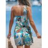 CUPSHE Women’s One Shoulder Leaf Print Self-tie Short Dress Sleeveless Tiered Hem Formal Dress Casual Mini Dress(Sky Blue)