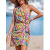 CUPSHE Women’s One Shoulder Leaf Print Self-tie Short Dress Sleeveless Tiered Hem Formal Dress Casual Mini Dress(Yellow Tropical)