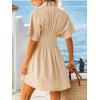 CUPSHE Women’s Summer Button Up Shirt Dress Short Sleeve Collared Smocked Dresses Office Pleated A Line Mini Dress(Beige)
