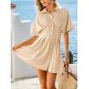 CUPSHE Women’s Summer Button Up Shirt Dress Short Sleeve Collared Smocked Dresses Office Pleated A Line Mini Dress(Beige)