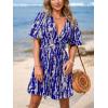 CUPSHE Women’s Summer Dresses Abstract Plunging V Neck Short Sleeve Elastic Waist Mini Dress(Blue)