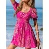 CUPSHE Women’s Summer Dresses Paisley Square Neck Puff Short Sleeve Beach Mini Dress(Pink)