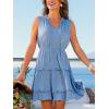 CUPSHE Womens Summer Dresses Tie Neck Sleeveless Tiered Ruffle A-Line Tunic Mini Dress(Blue Floral)