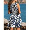 CUPSHE Women’s Summer Mini Dress V Neck Sleeveless High Waist Abstract A Line Smocked Sundress Beach Vacation Short Dresses(Navy Abstract)
