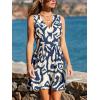 CUPSHE Women’s Summer Mini Dress V Neck Sleeveless High Waist Abstract A Line Smocked Sundress Beach Vacation Short Dresses(Navy Abstract)