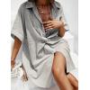 CUPSHE Women’s Summer Striped Mini Dress Short Sleeve Button Down Collar Shirt Dress Twist Front Linen Dress(Grey White)