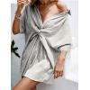 CUPSHE Women’s Summer Striped Mini Dress Short Sleeve Button Down Collar Shirt Dress Twist Front Linen Dress(Grey White)
