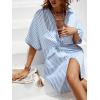 CUPSHE Women’s Summer Striped Mini Dress Short Sleeve Button Down Collar Shirt Dress Twist Front Linen Dress(Light Blue White)