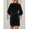 CUPSHE Women’s Winter Velvet Long Sleeve Wrap Dress Semi Formal Belted Tie V Neck Cocktail Mini Dress(Black)