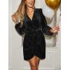 CUPSHE Women’s Winter Velvet Long Sleeve Wrap Dress Semi Formal Belted Tie V Neck Cocktail Mini Dress(Black)