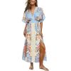 CUPSHE Women Boho Maxi Summer Dress Plunging V Half Dolman Sleeve Empired Waist Side Slit Sundress Holiday Beach Dresses(Blue Floral)